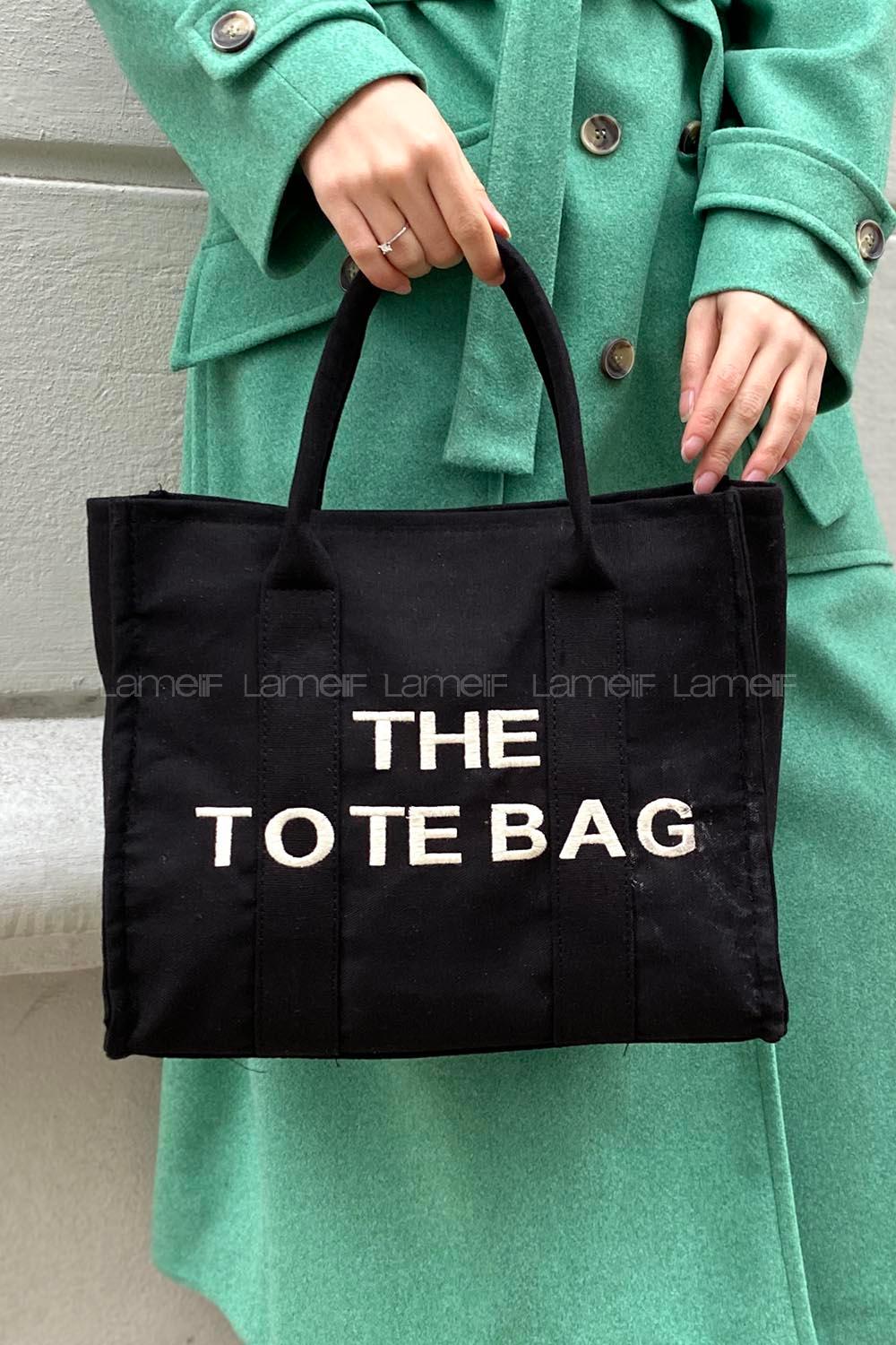 Lamelif Tote Bag Nakışlı Kanvas Kumaş Kadın Çanta Siyah