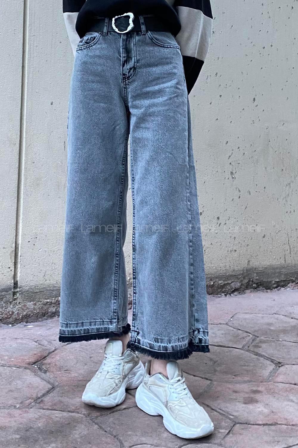 Gray Cotton Denim High Waist Denim Pants