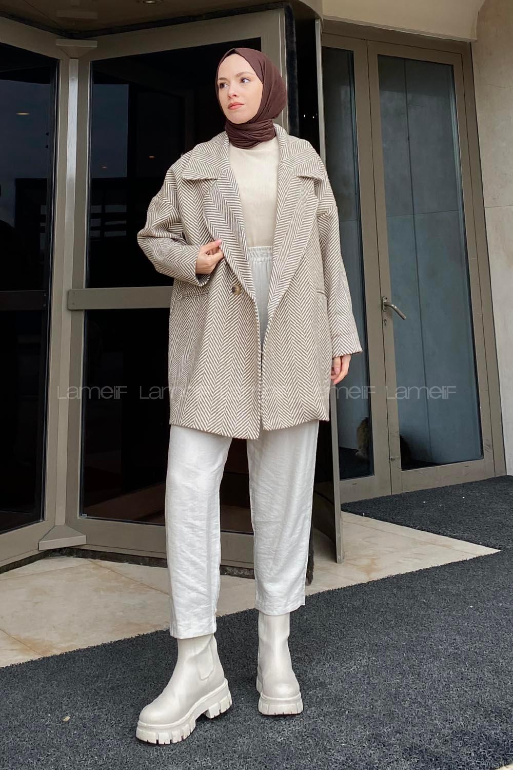 Lamelif Zikzak Desen Balık Sırtı Kaban Bej