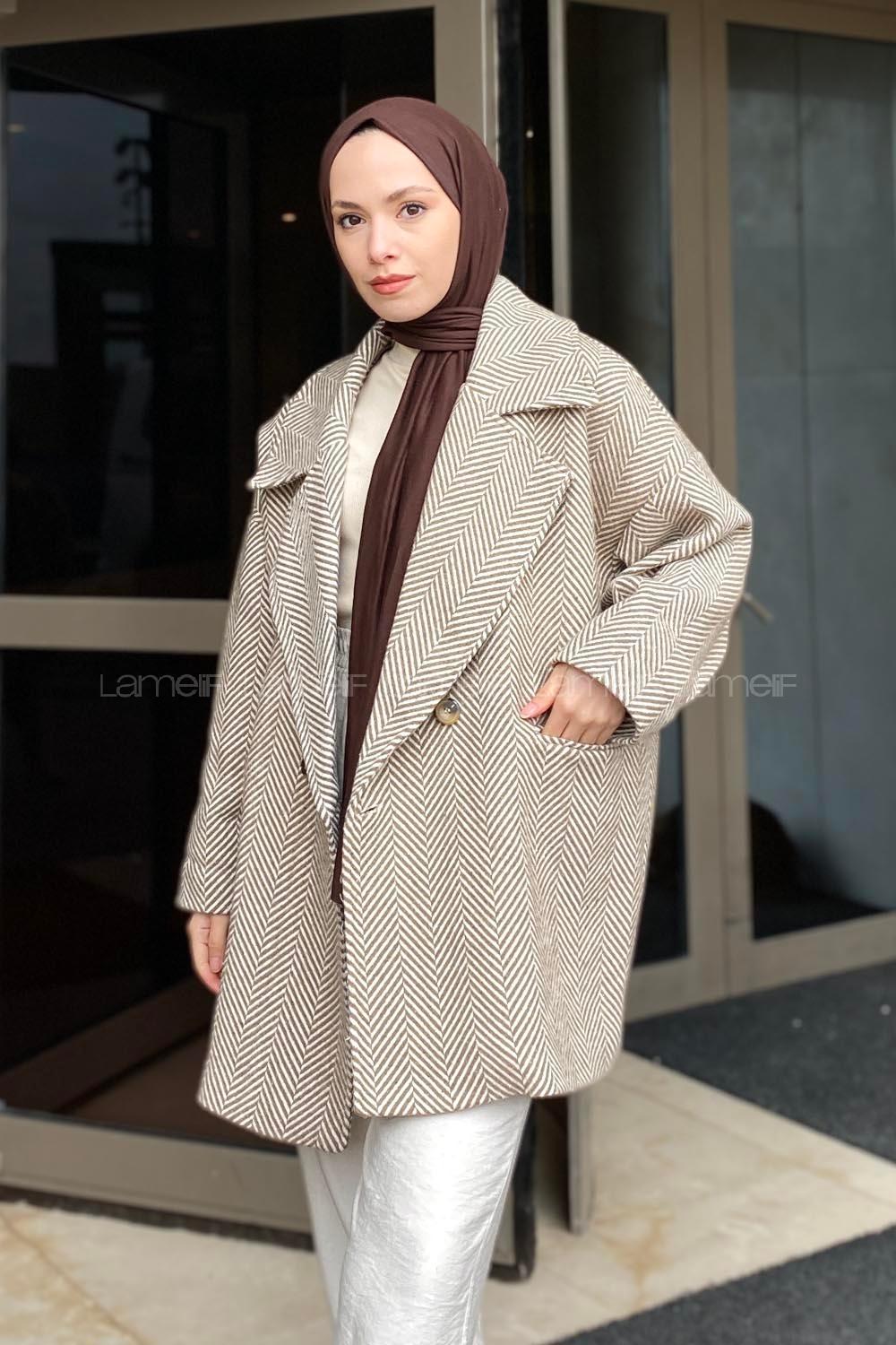 Lamelif Zikzak Desen Balık Sırtı Kaban Bej