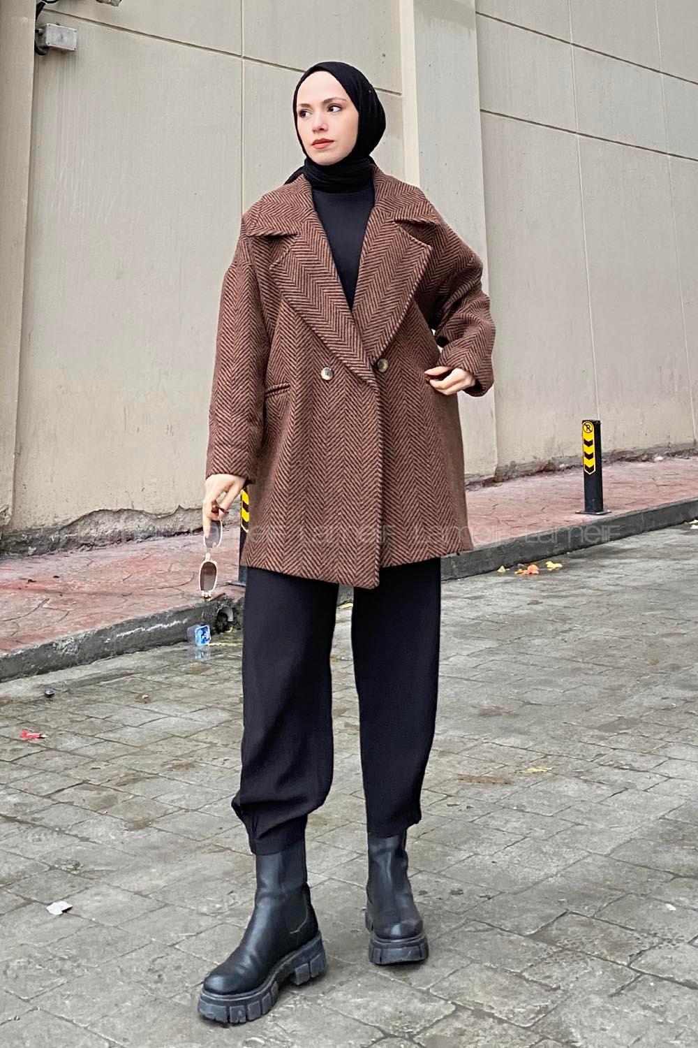 Modalamelif Zikzak Desen Balık Sırtı Kaban Acı Kahve