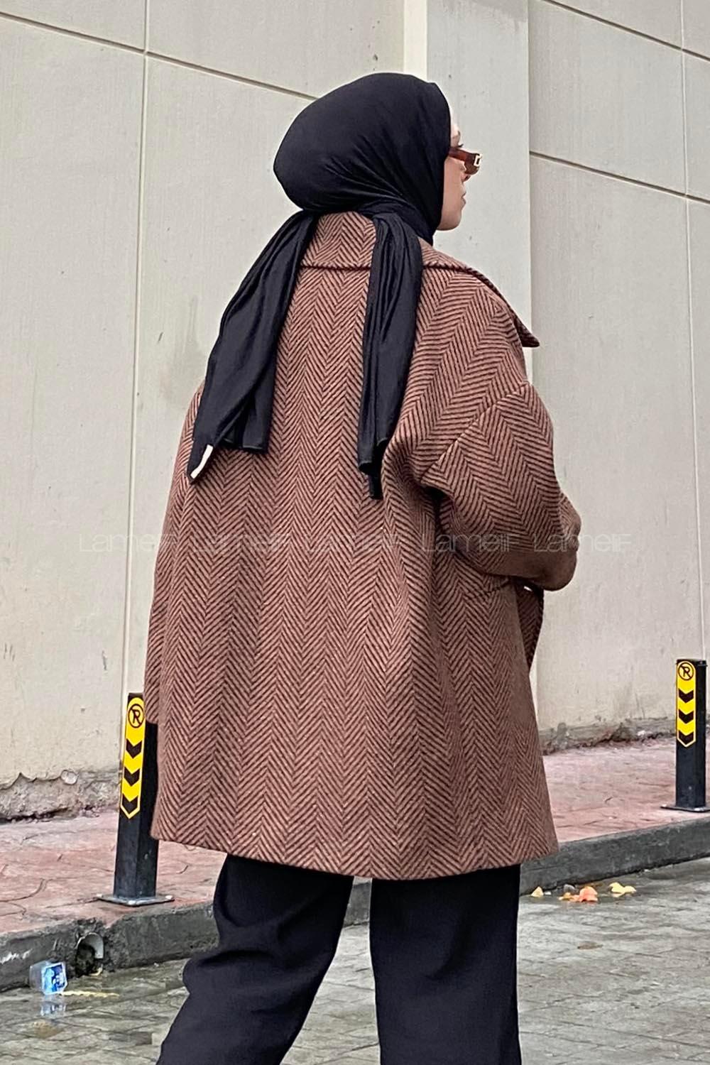 Modalamelif Zikzak Desen Balık Sırtı Kaban Acı Kahve