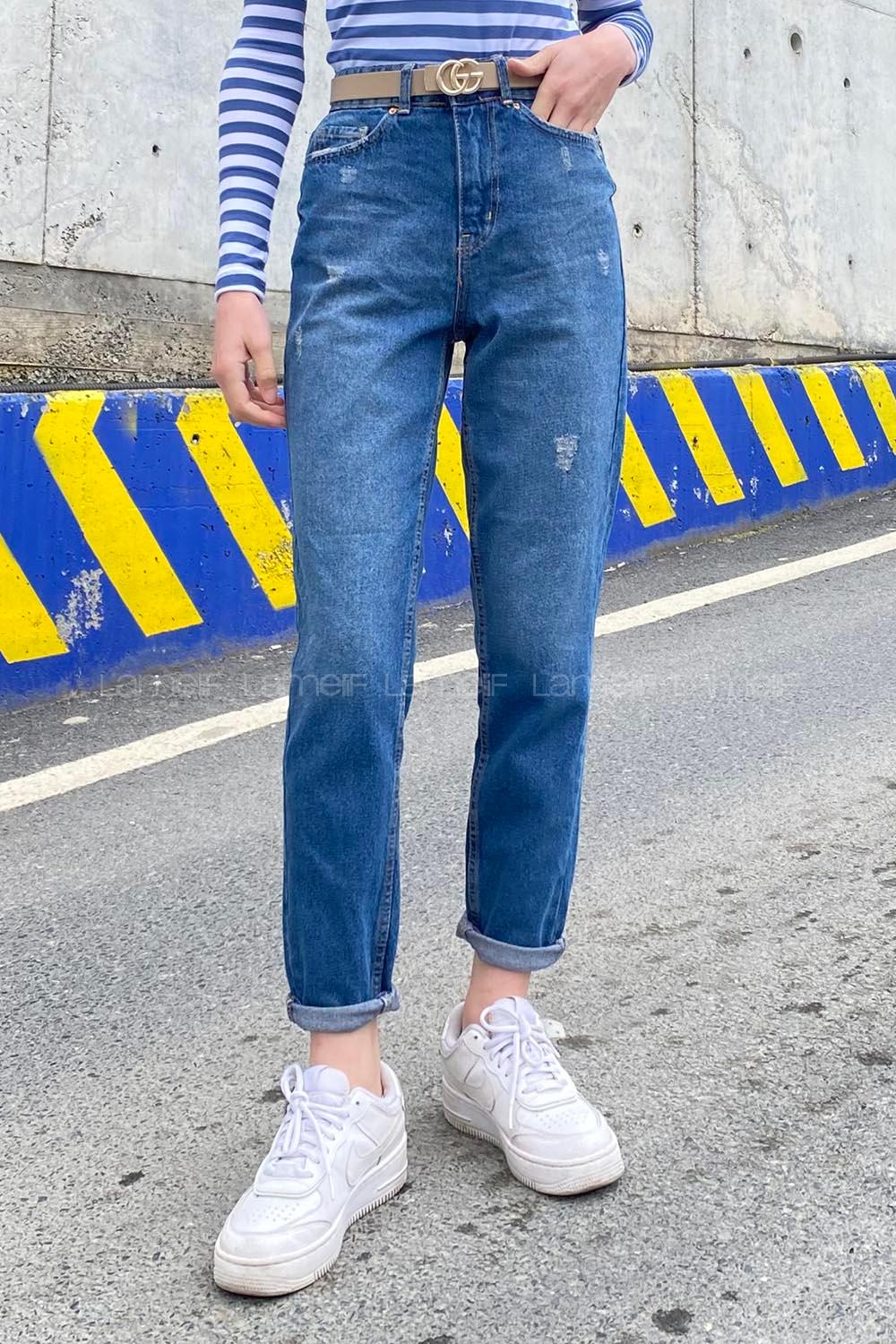 Blue Cotton Denim High Waist Denim Pants