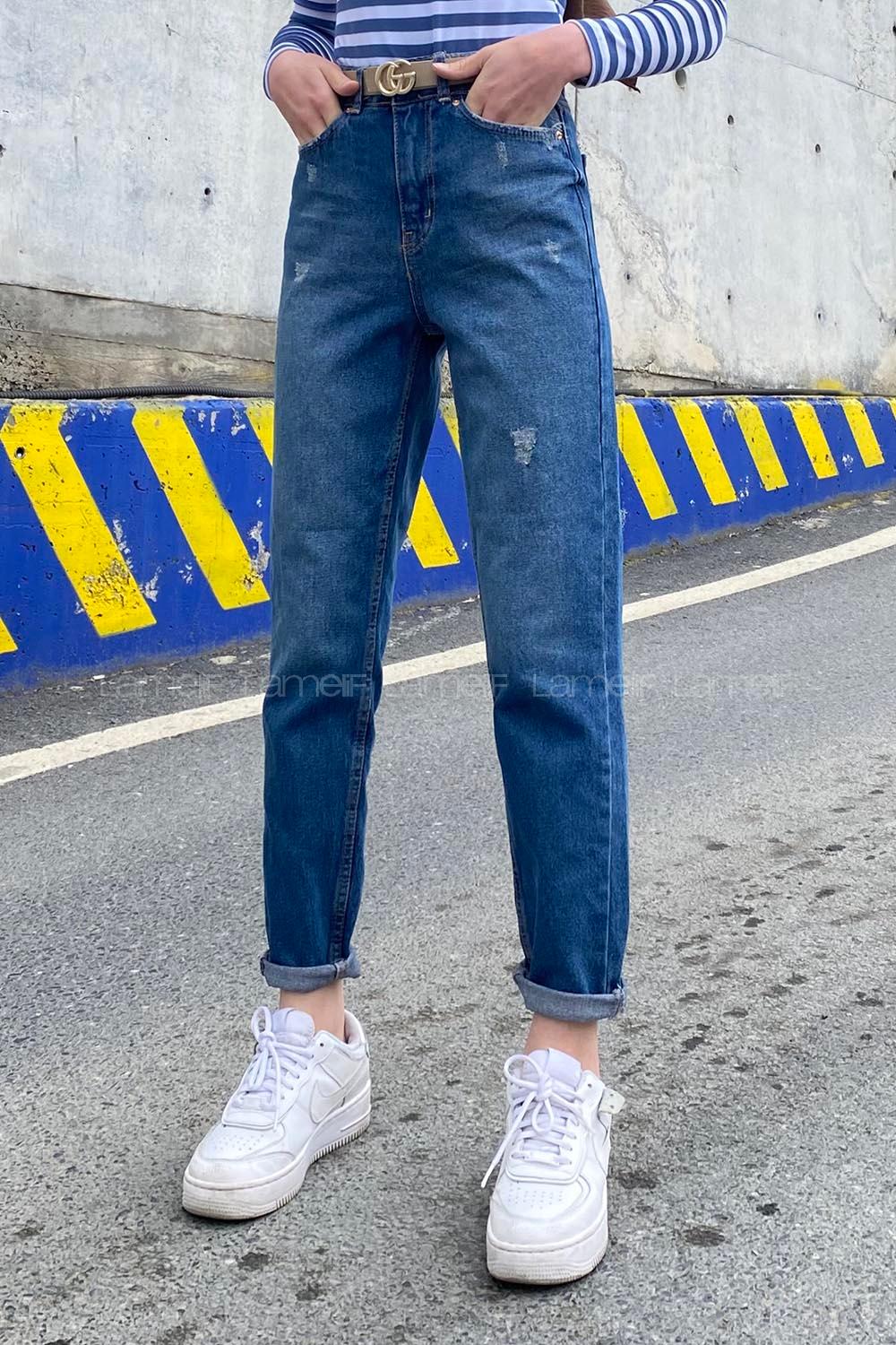Blue Cotton Denim High Waist Denim Pants