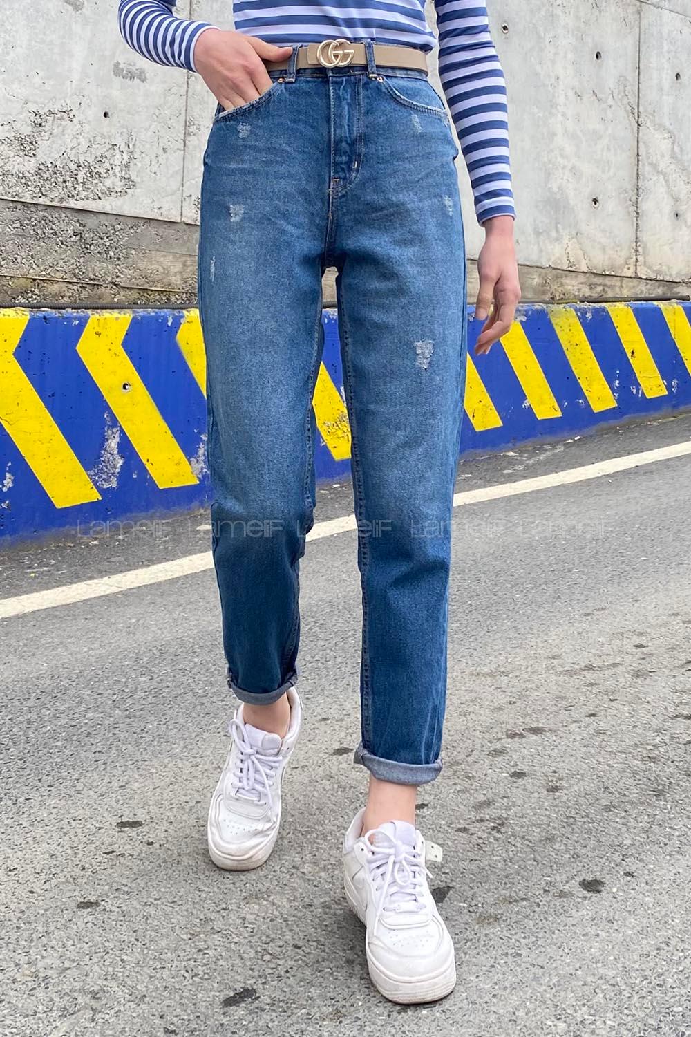 Blue Cotton Denim High Waist Denim Pants