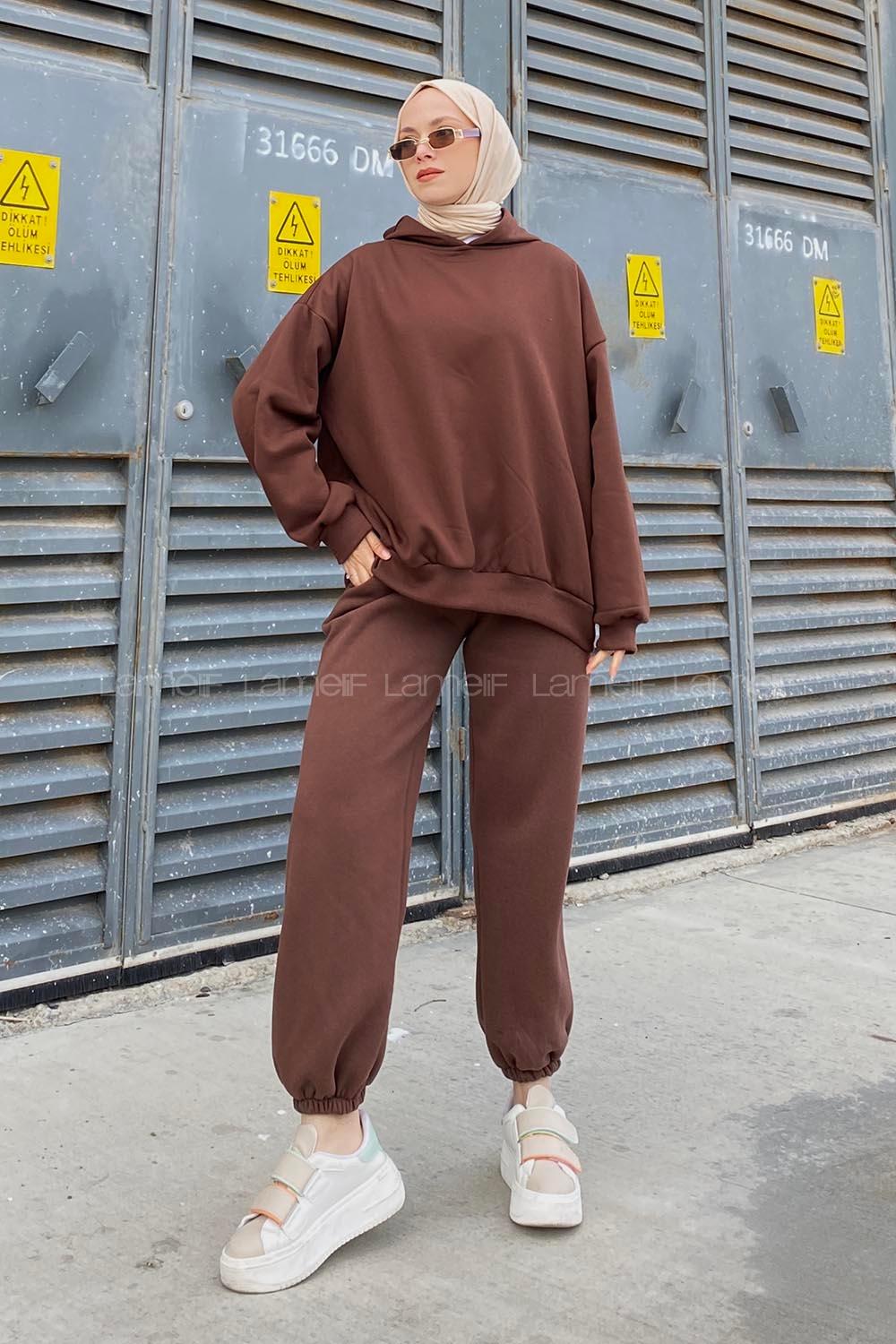 Lamelif Kapüşonlu Salaş Sweatshirt Acı Kahve