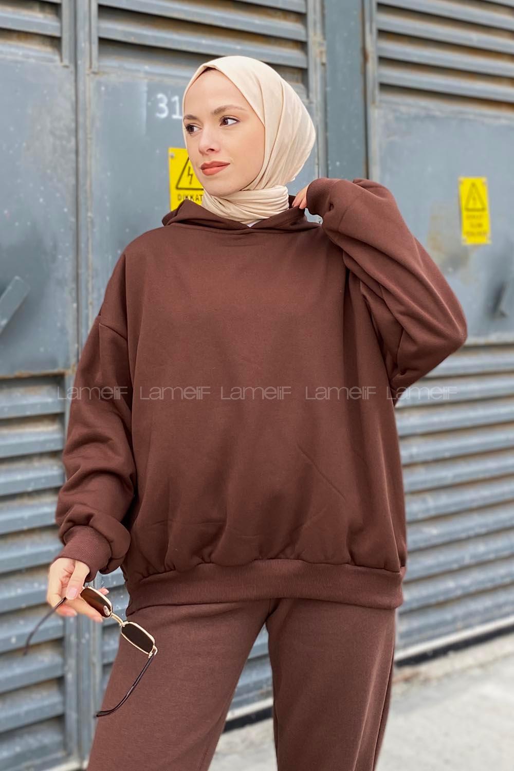 Lamelif Kapüşonlu Salaş Sweatshirt Acı Kahve