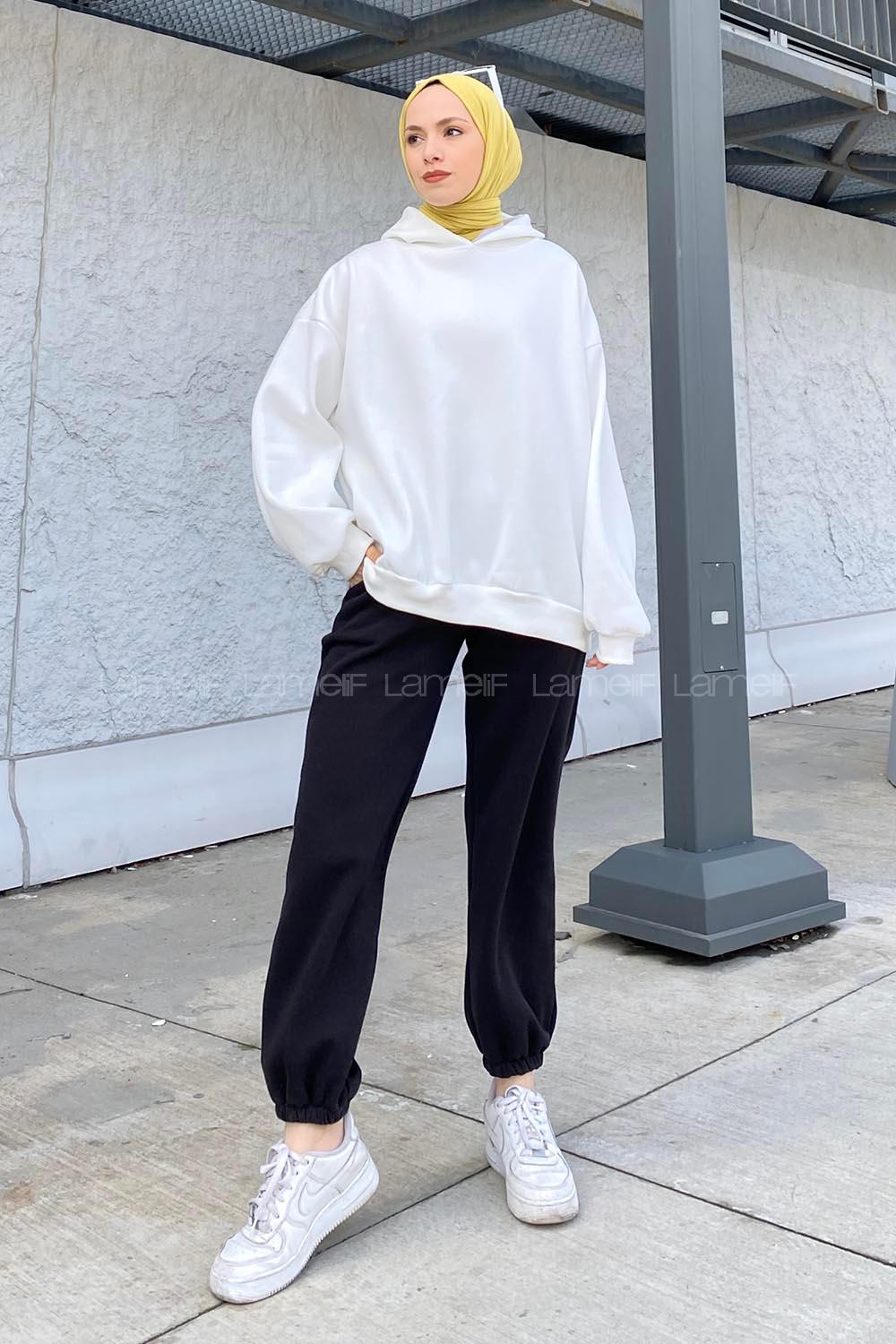 Lamelif Kapüşonlu Salaş Sweatshirt Beyaz