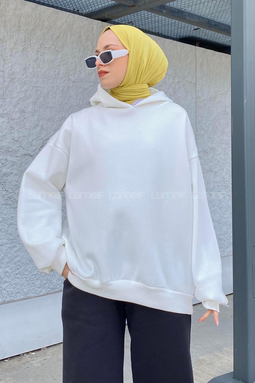 Lamelif Kapüşonlu Salaş Sweatshirt Beyaz