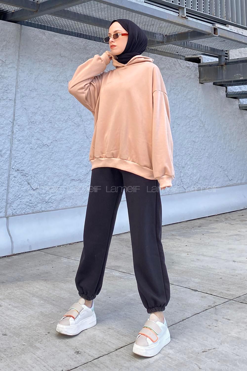 Lamelif Kapüşonlu Salaş Sweatshirt Sütlü Kahve