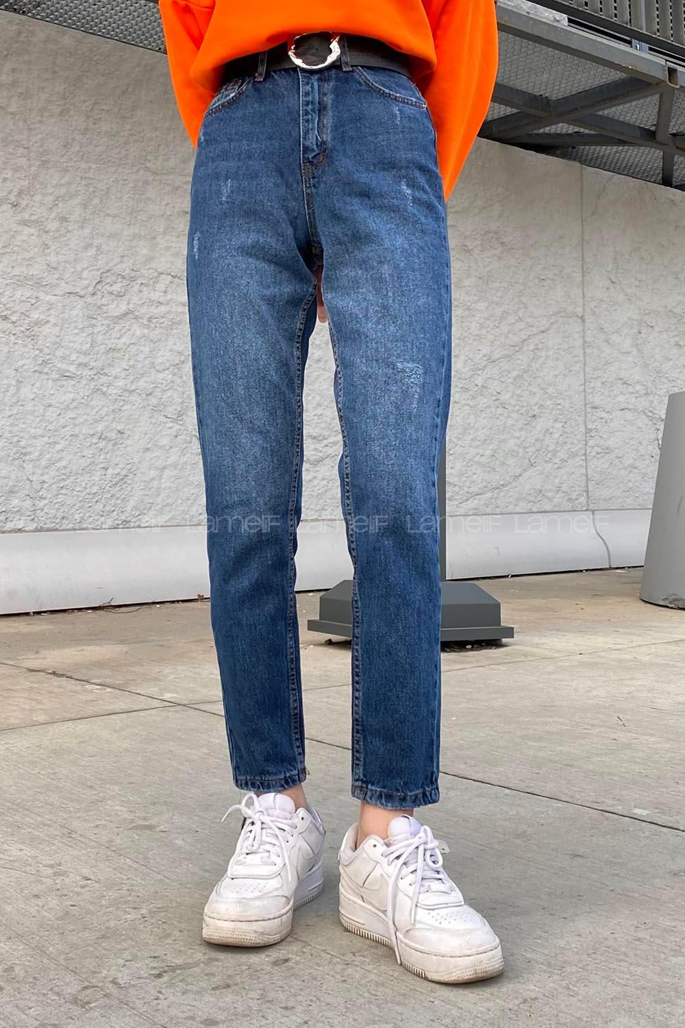 Dark Blue Cotton High Waist Denim Pants