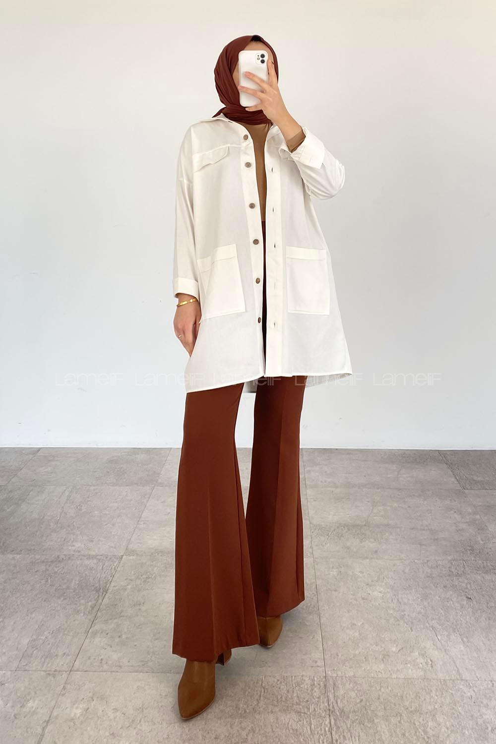 Modalamelif  Körük Cepli Oversize Gömlek Ekru