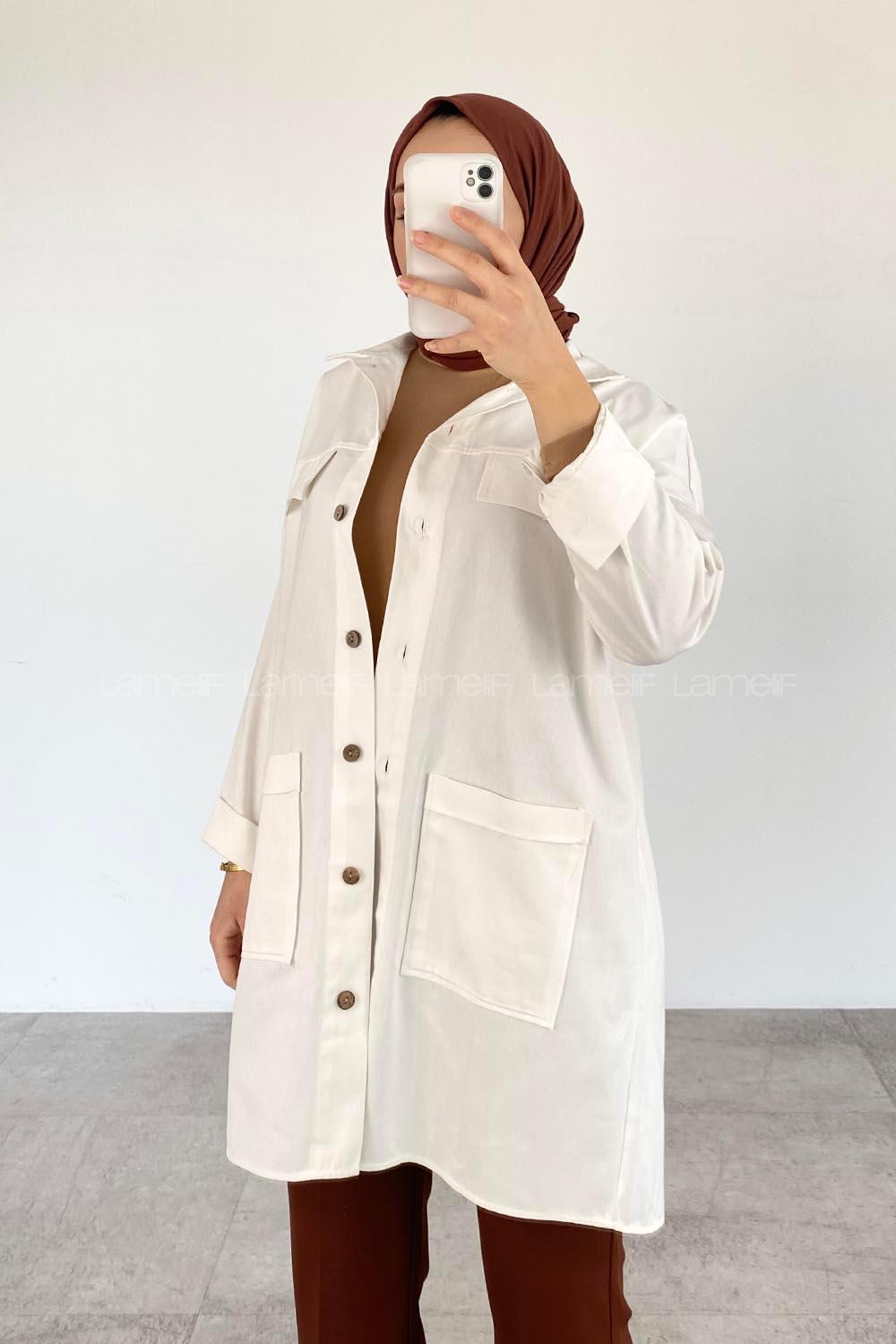 Modalamelif  Körük Cepli Oversize Gömlek Ekru