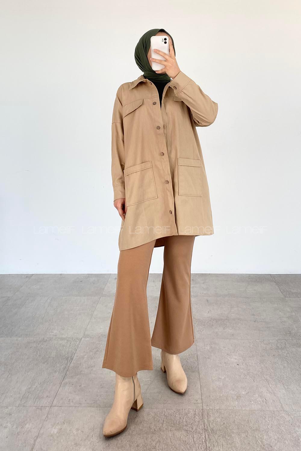 Modalamelif  Körük Cepli Oversize Gömlek Sütlü Kahve