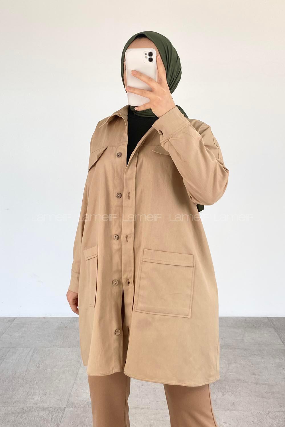 Modalamelif  Körük Cepli Oversize Gömlek Sütlü Kahve