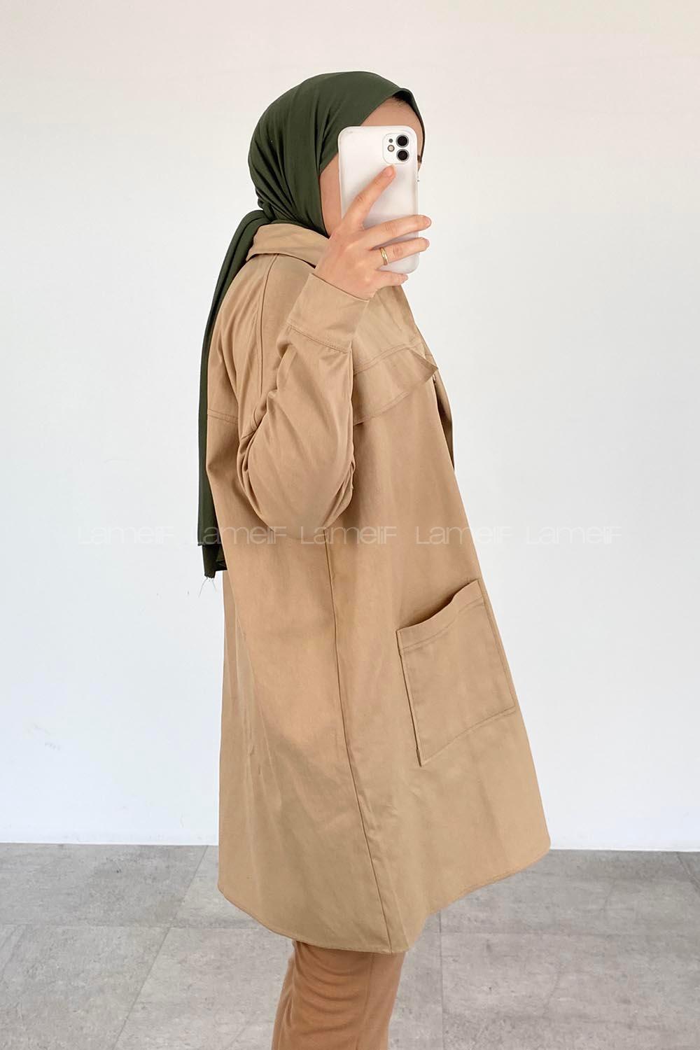 Modalamelif  Körük Cepli Oversize Gömlek Sütlü Kahve