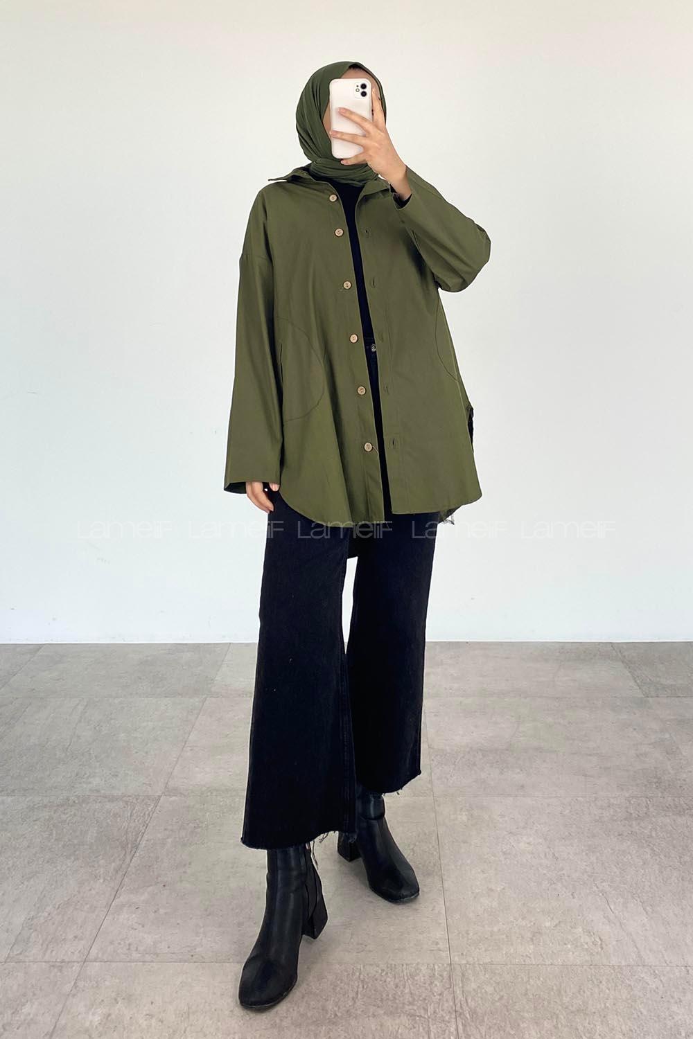 Modalamelif Yan Cepli Gabardin Gömlek Kamuflaj Yeşili