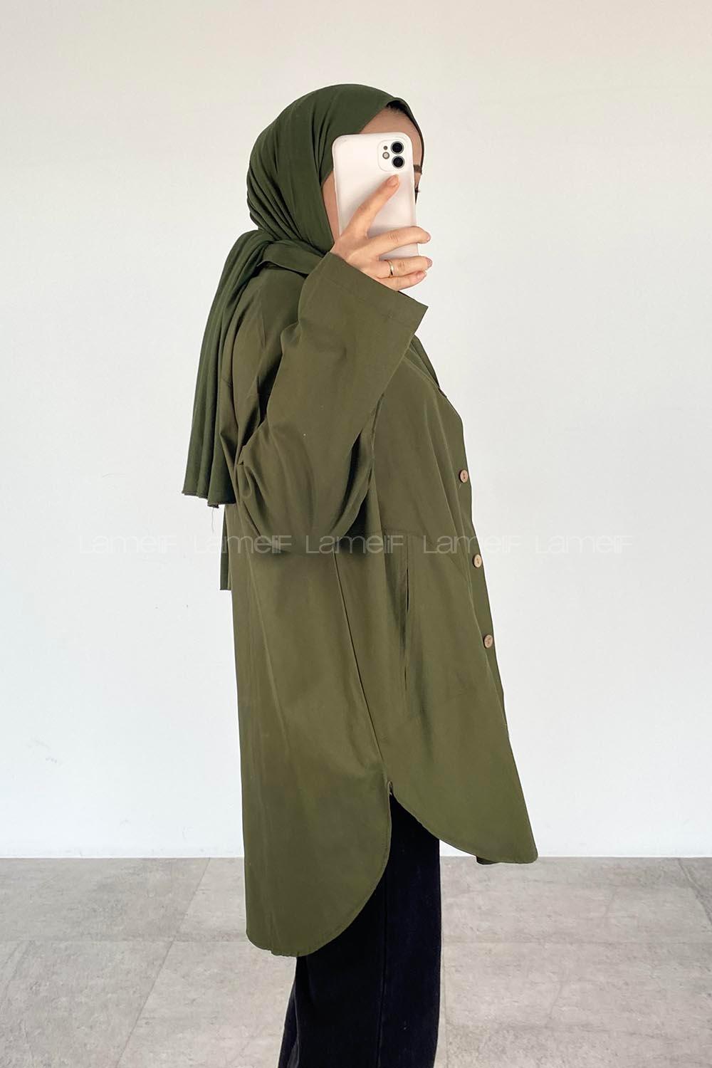 Modalamelif Yan Cepli Gabardin Gömlek Kamuflaj Yeşili