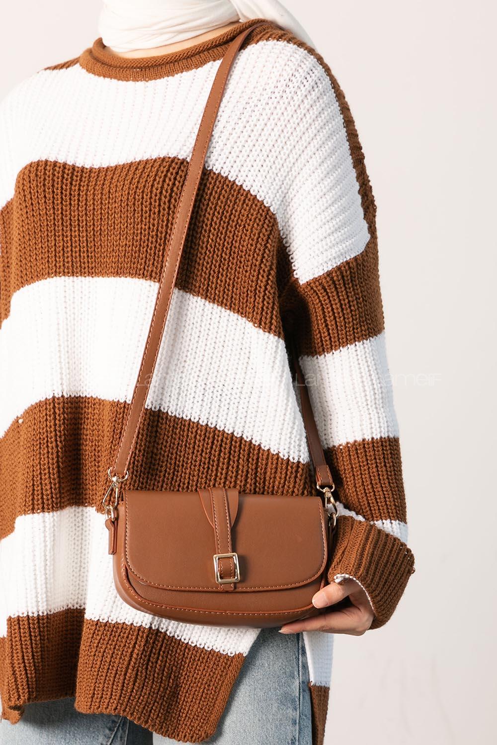 Lamelif Tokalı Çapraz Askılı Kadın Çanta Taba