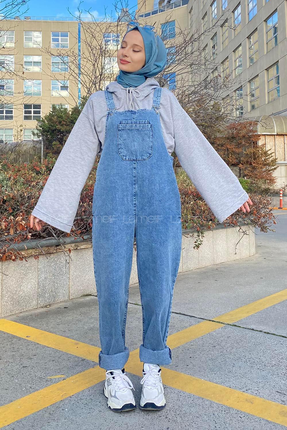 Modalamelif Bahçıvan Askılı Kot Slopet Tulum Açık Mavi