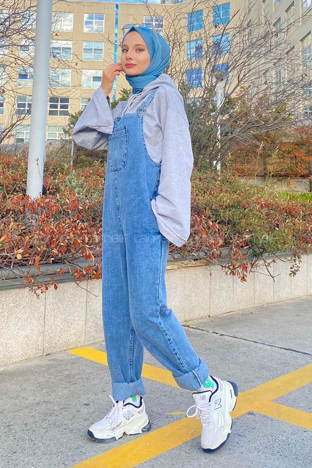 Modalamelif Bahçıvan Askılı Kot Slopet Tulum Açık Mavi