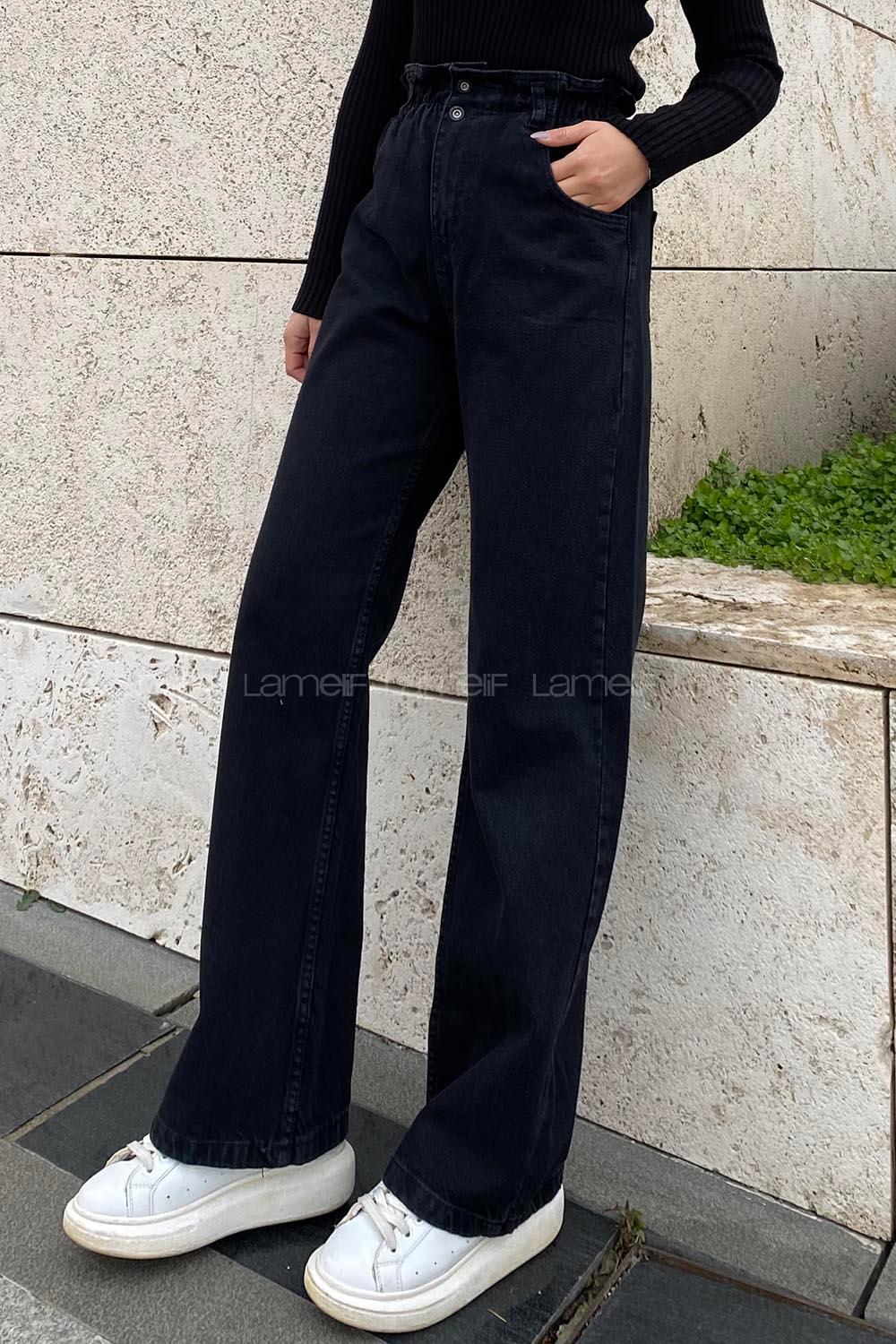 Lamelif Bel Lastikli Bol Paça Jean Füme