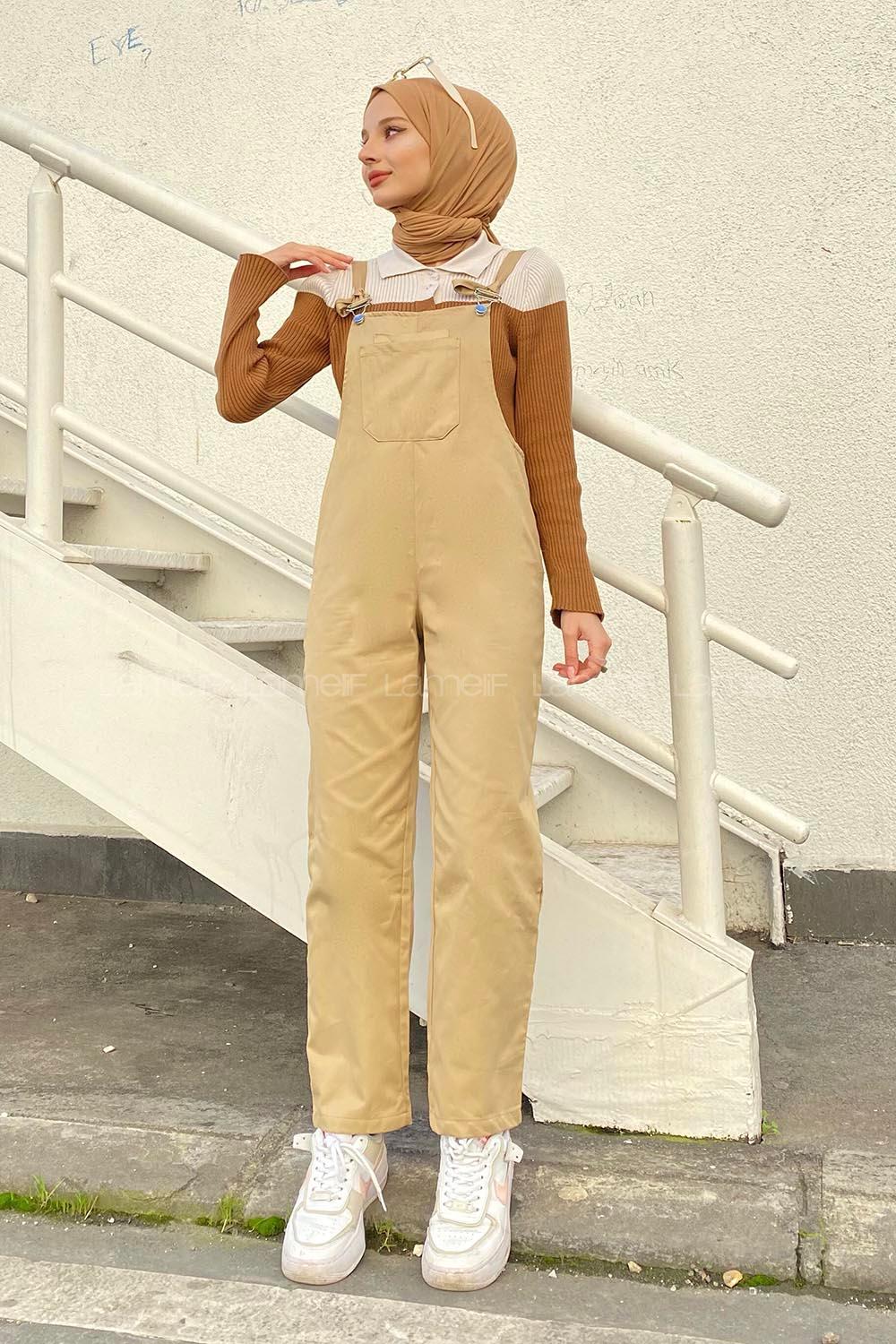 Modalamelif Ön ve Arka Cepli Keten Salopet Camel