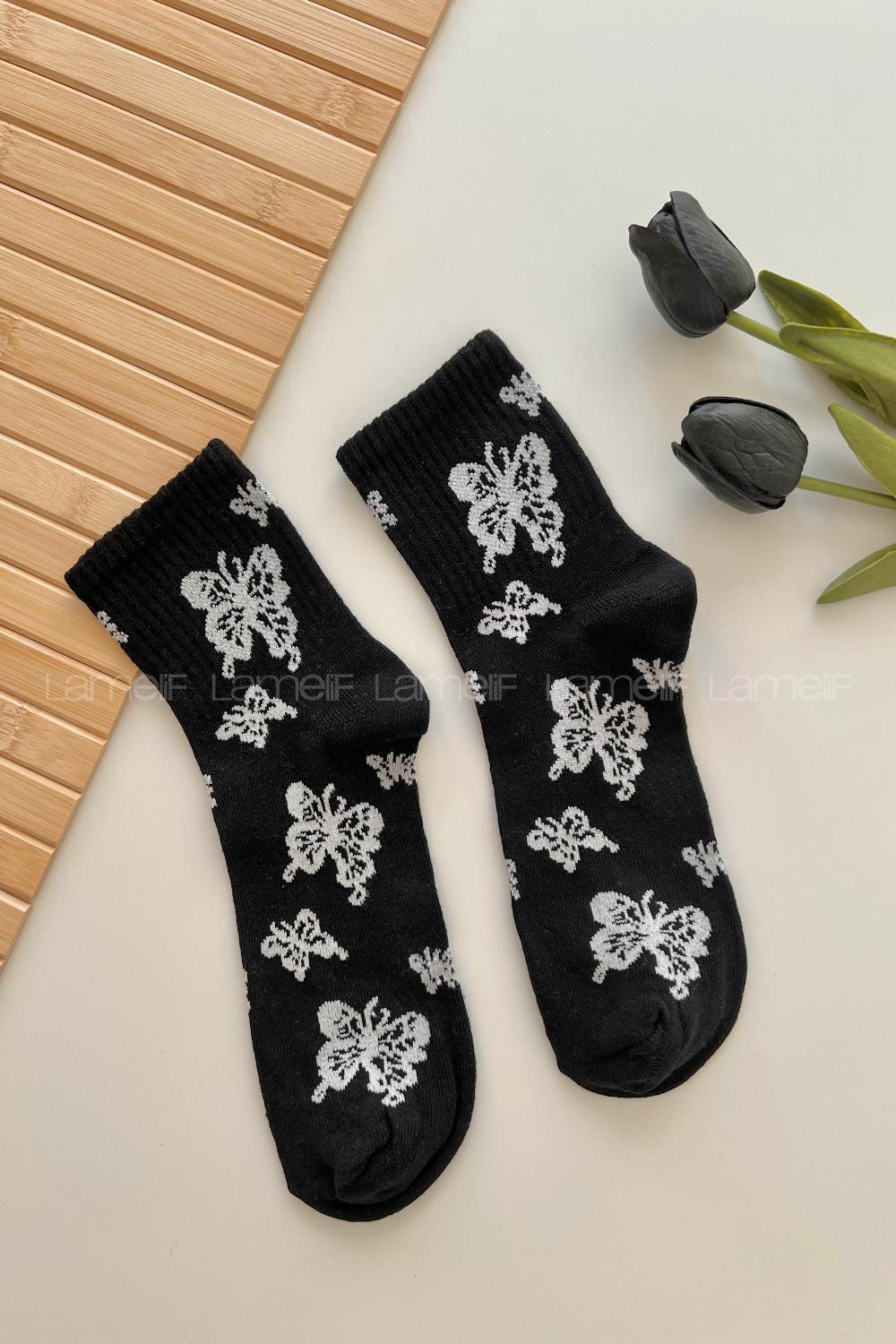 Lamelif Butterfly Kolej Çorap Siyah