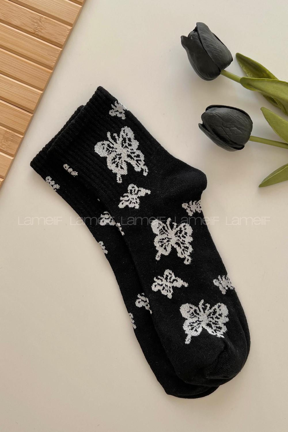 Lamelif Butterfly Kolej Çorap Siyah