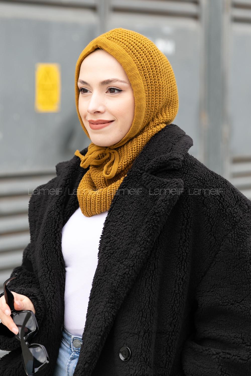 Lamelif Balaclava Triko Başlık Hardal Sarısı