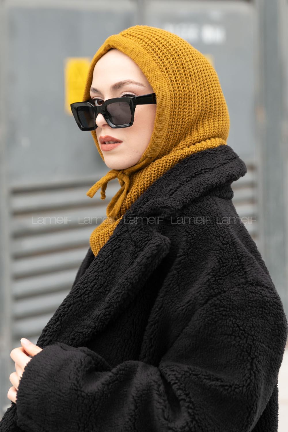 Lamelif Balaclava Triko Başlık Hardal Sarısı