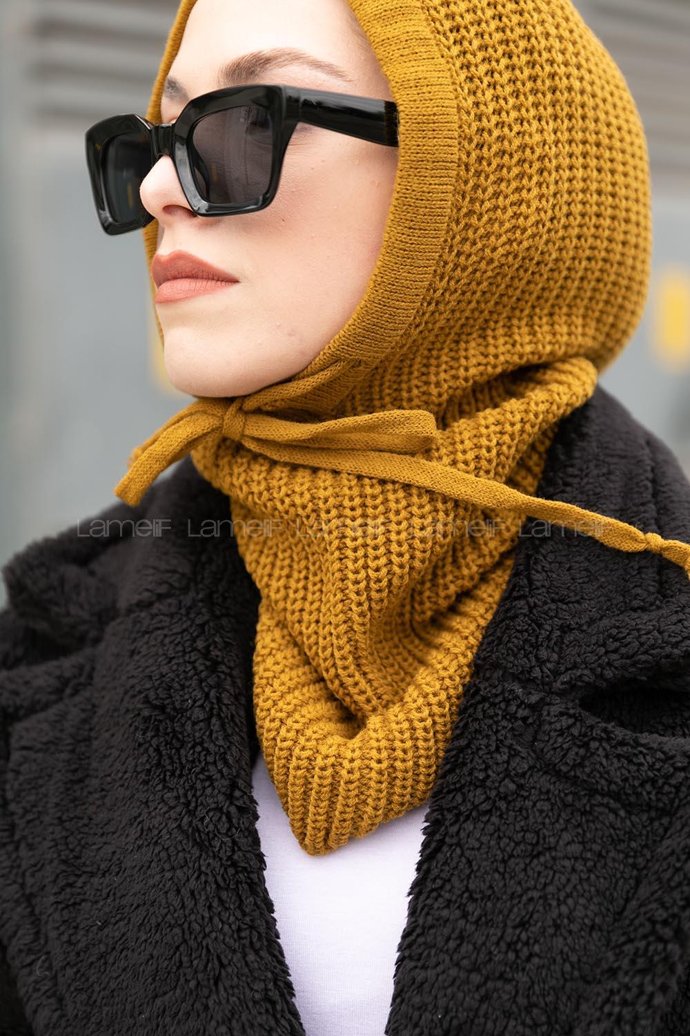 Lamelif Balaclava Triko Başlık Hardal Sarısı