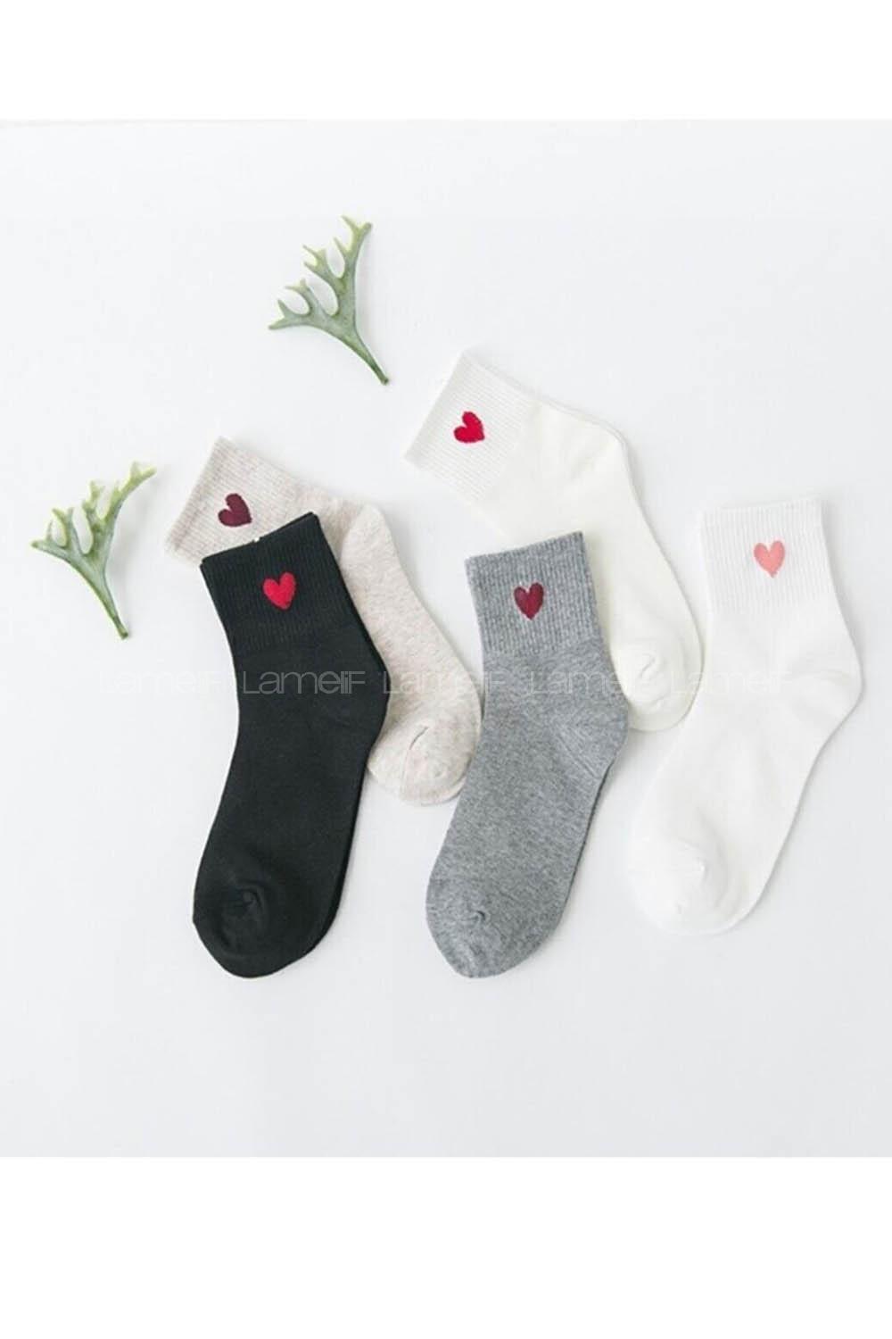 Lamelif 5 Çift Çok Renkli Kalp Desenli Yarım Konç Kadın Çorap