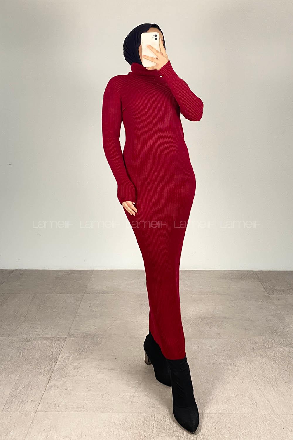 Fitilli Boğazlı Triko Elbise Bordo