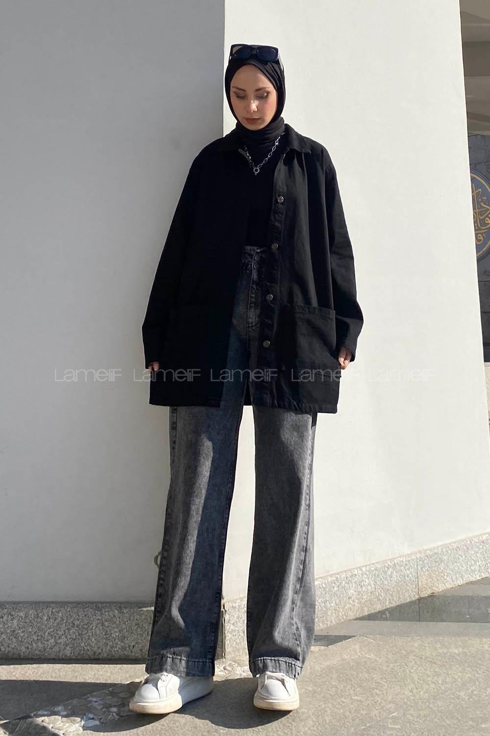 Lamelif Cepli Düğmeli Eskitme Kot Siyah