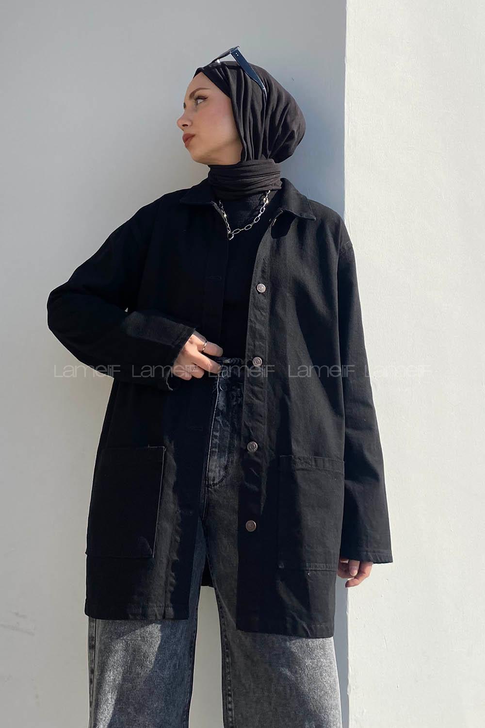 Lamelif Cepli Düğmeli Eskitme Kot Siyah