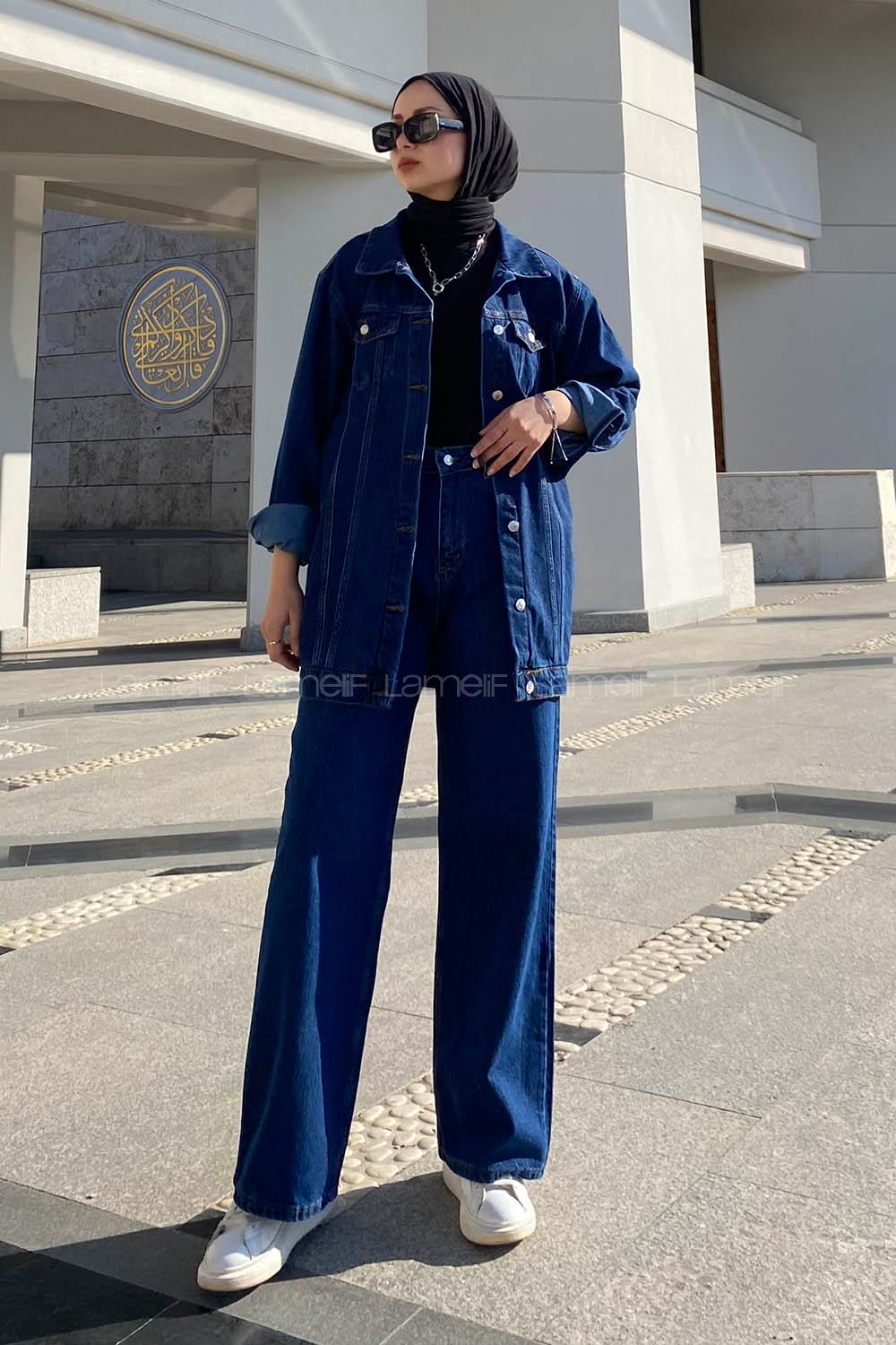 Dark Blue Shirt Collar Long Arm Cotton Fabric Denim Jacket