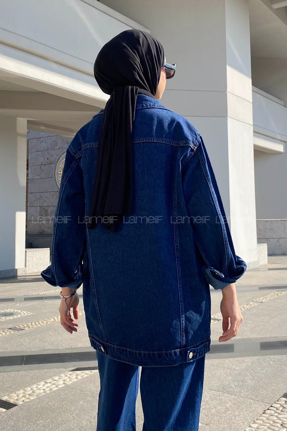 Dark Blue Shirt Collar Long Arm Cotton Fabric Denim Jacket