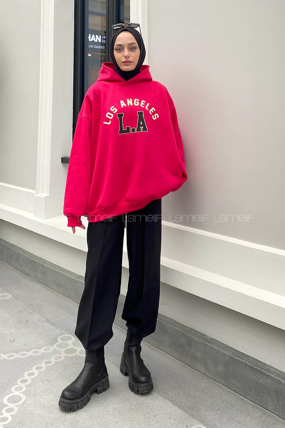 Lamelif Los Angeles Baskılı Oversize Sweatshirt Fuşya