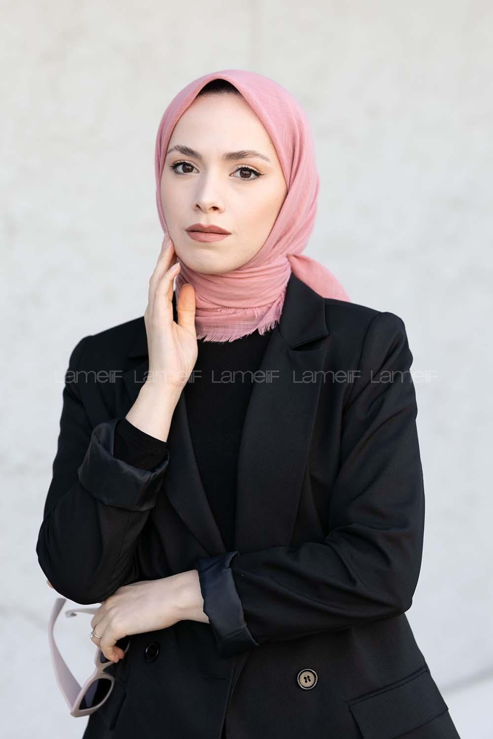 Lamelif Düz Flamlı Eşarp Pudra