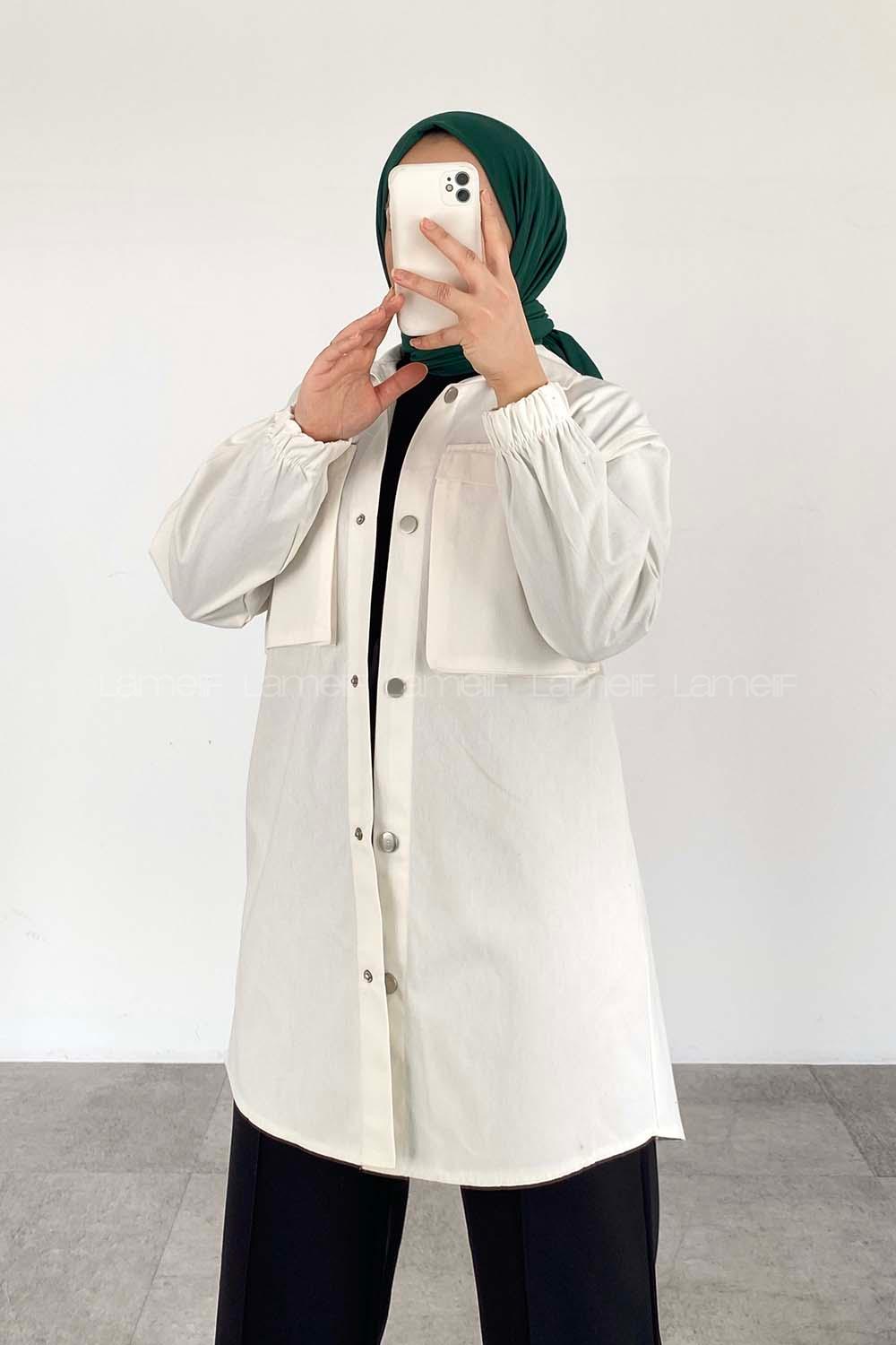 Lamelif Körük Cepli Kolları Lastikli Gömlek Beyaz