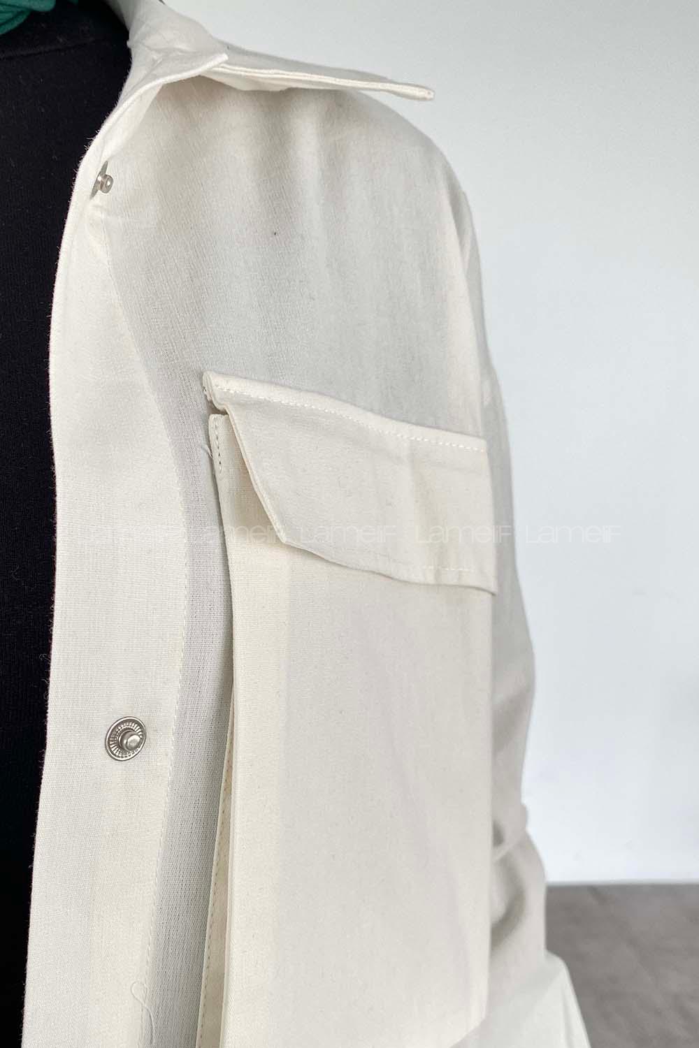 Lamelif Körük Cepli Kolları Lastikli Gömlek Beyaz