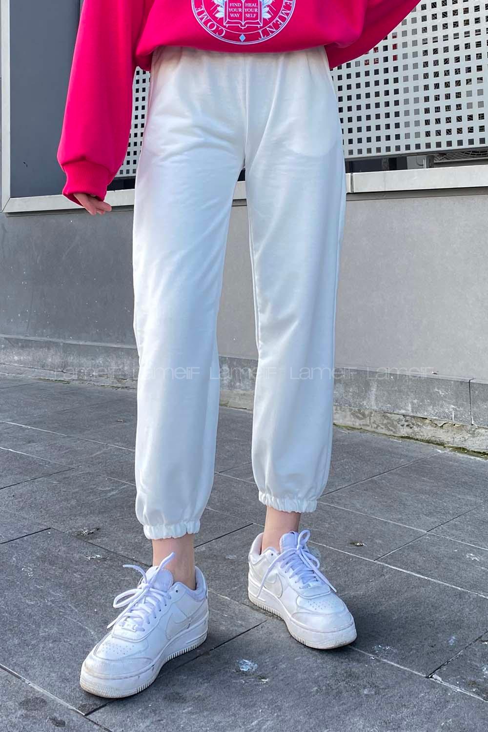 Lamelif Bel Ve Paça Lastikli Eşofman Beyaz