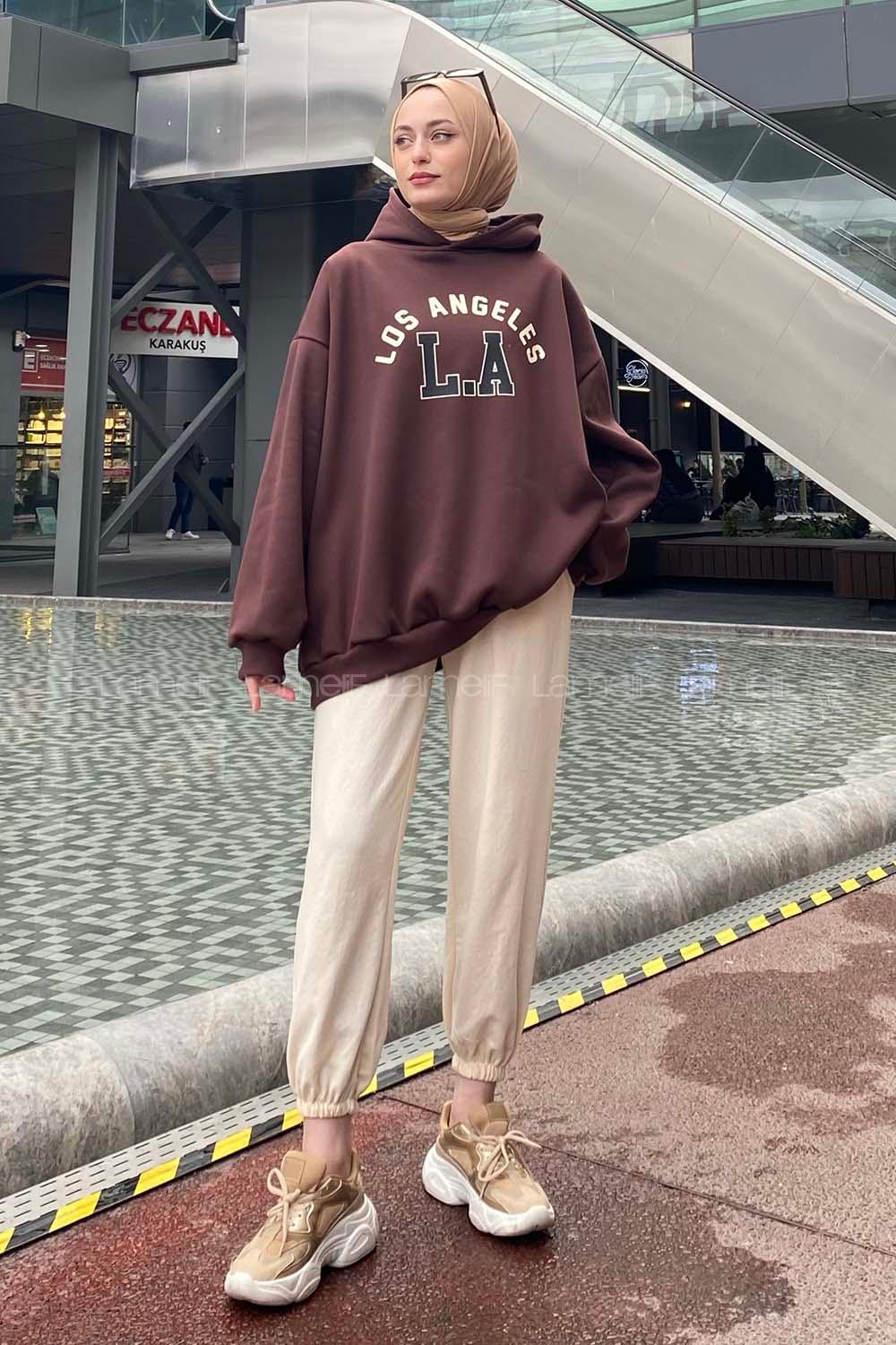 Lamelif Los Angeles Baskılı Oversize Sweatshirt Acı Kahve