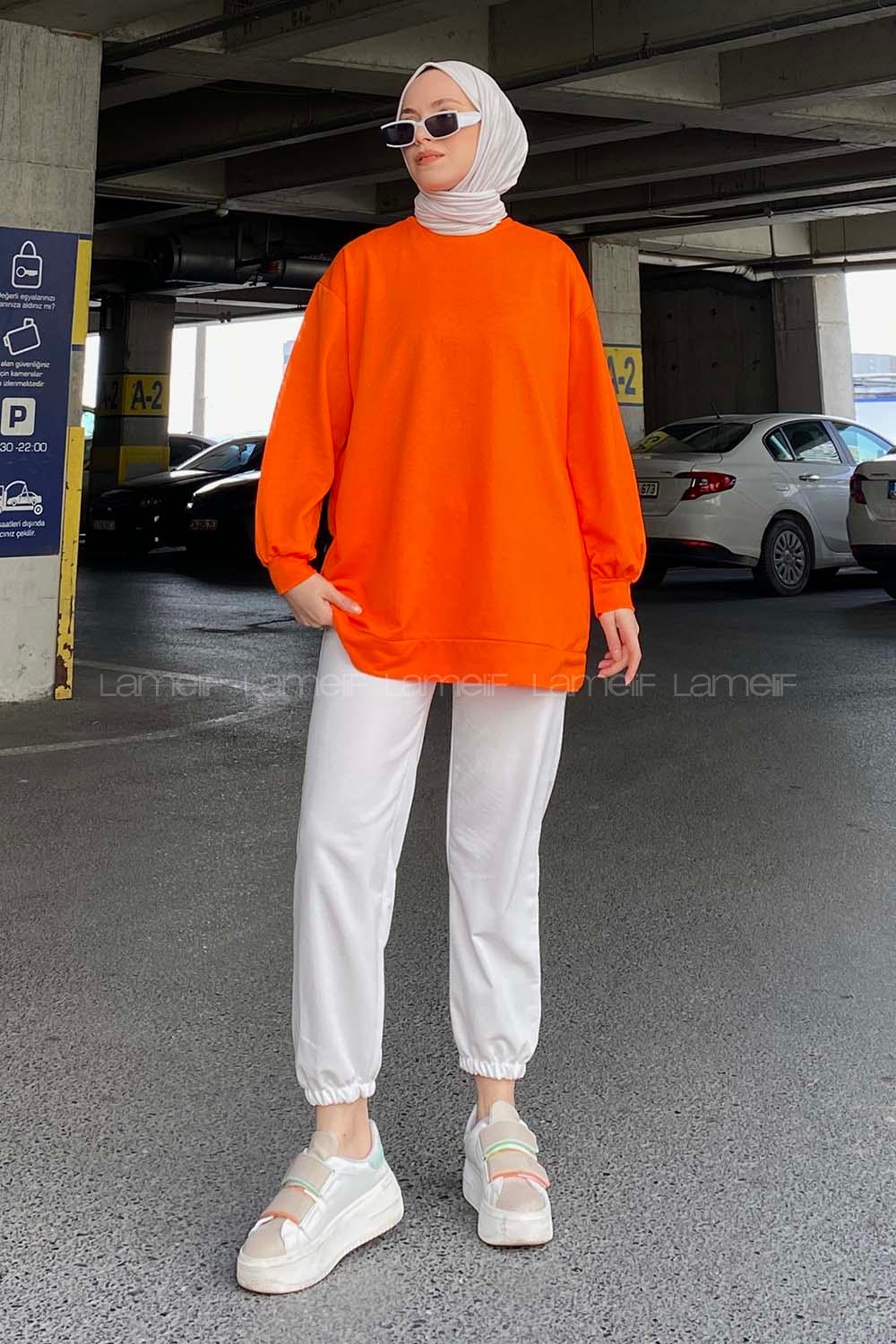 Modalamelif Bisiklet Yaka Kol Ve Etek Ucu Manşetli Sweat Oranj