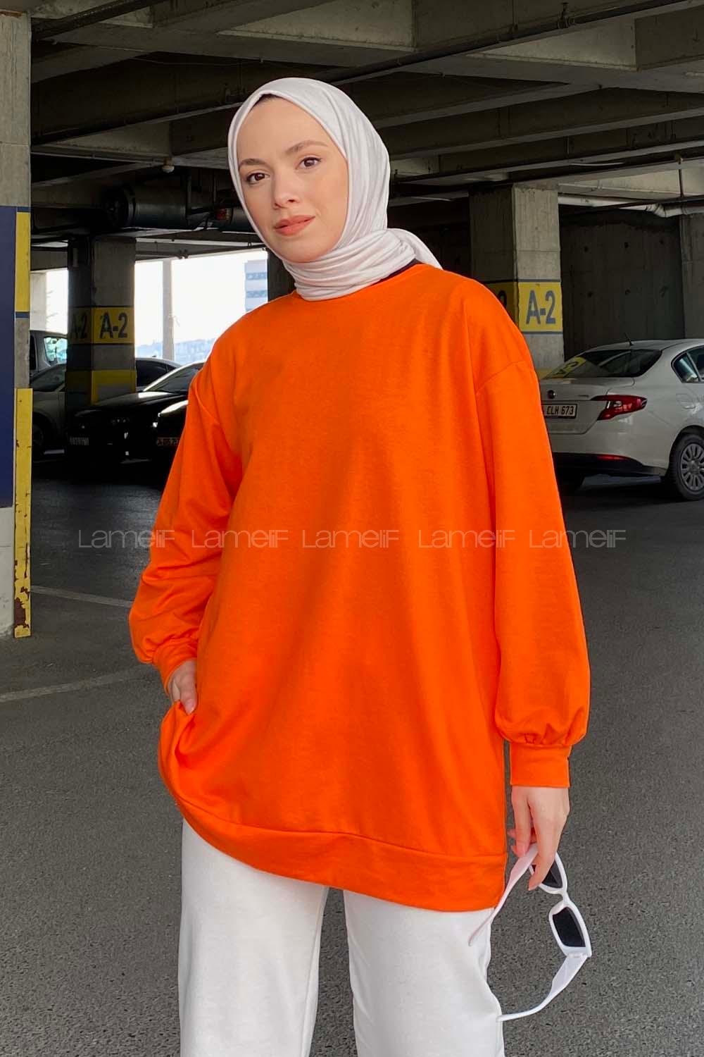 Modalamelif Bisiklet Yaka Kol Ve Etek Ucu Manşetli Sweat Oranj