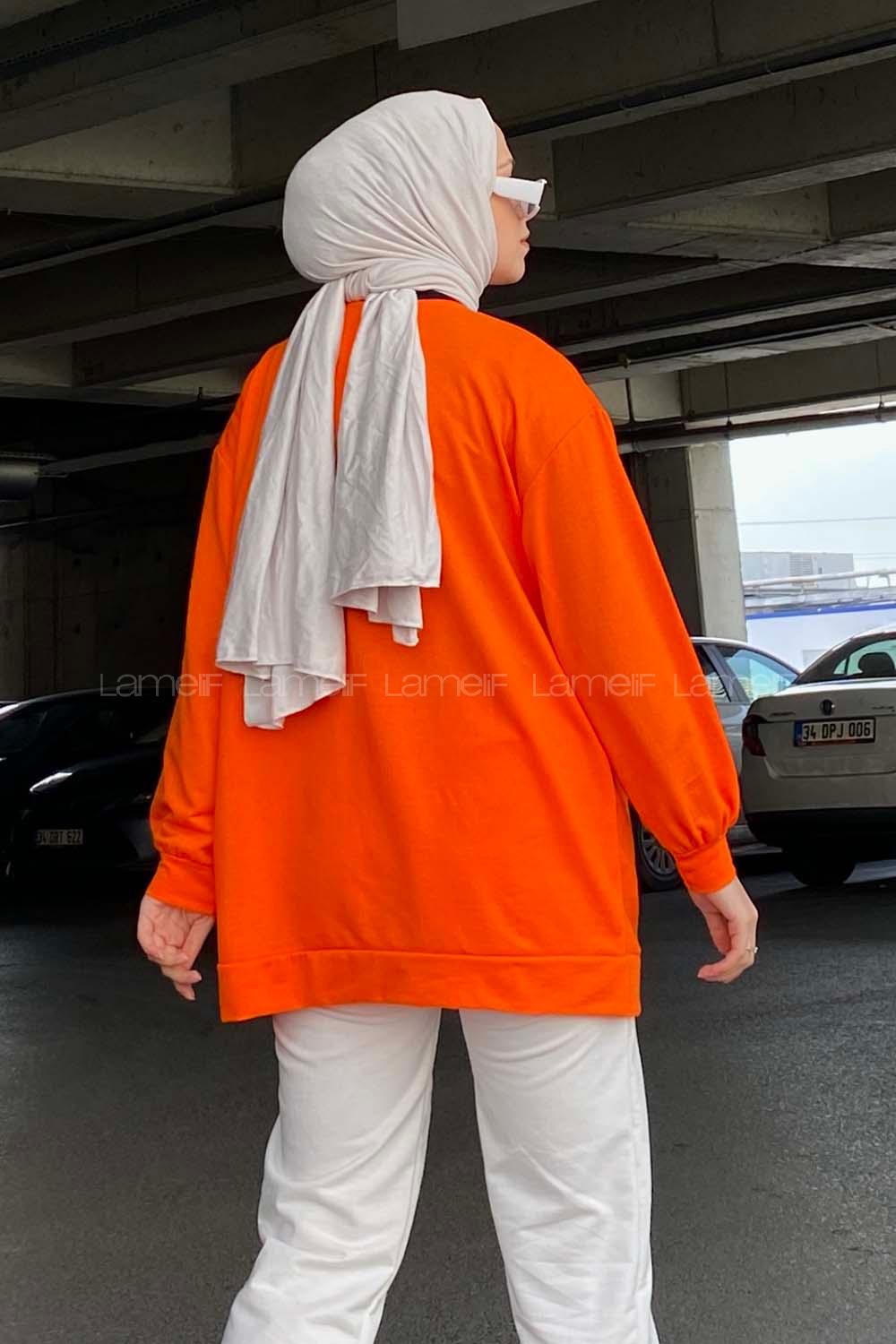 Modalamelif Bisiklet Yaka Kol Ve Etek Ucu Manşetli Sweat Oranj