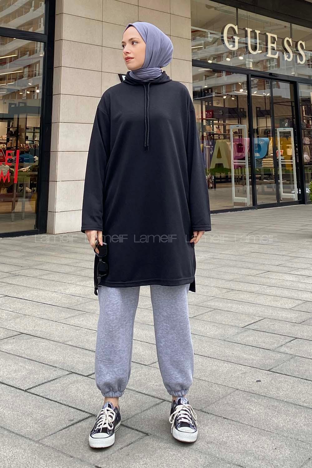 Lamelif Düz Tesettür Model Spor Tunik Siyah