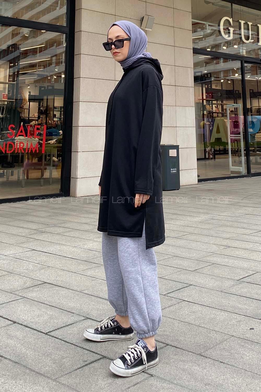 Lamelif Düz Tesettür Model Spor Tunik Siyah
