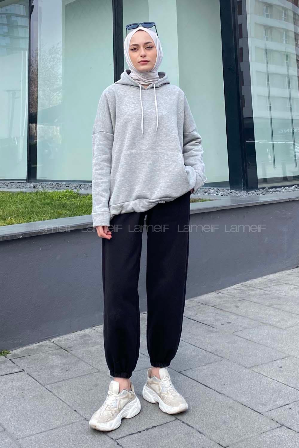 Modalamelif Etek Ucu Bağcıklı Kanguru Cep Sweatshirt Gri